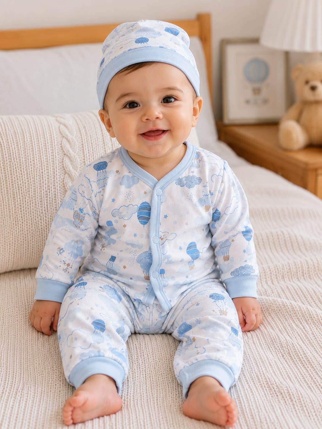 Whimsical Hot Air Balloon Infant Jumpsuit with Matching Beanie