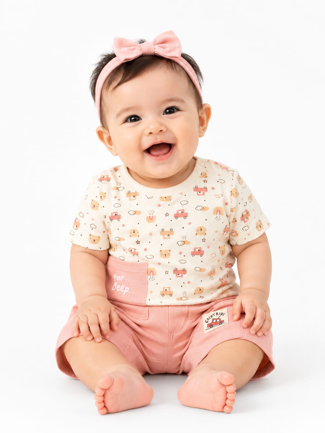 Beep Beep! Two-Piece Short-Sleeve Infant Shorts Set (Peach Variant)