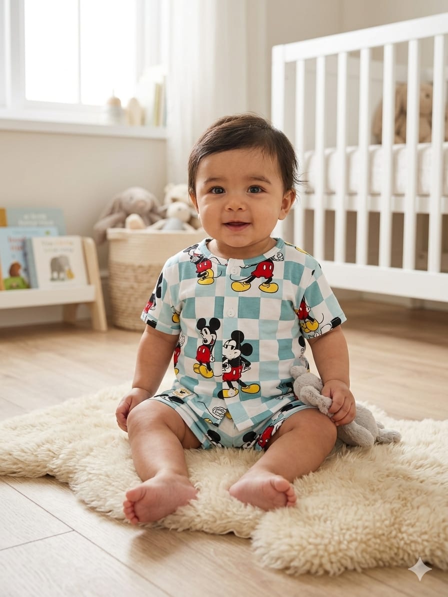 Whimsical Mickey Mouse Checkered Infant Romper
