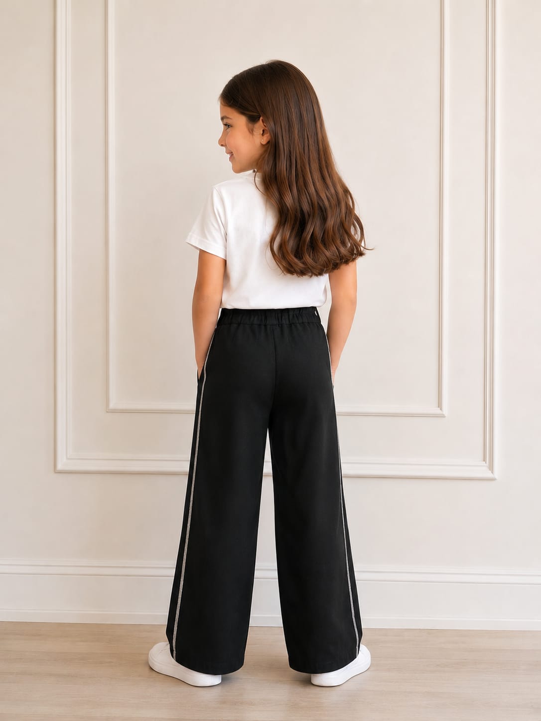 Girls' High-Waisted Wide-Leg Black Trousers with Shimmering Side Trim