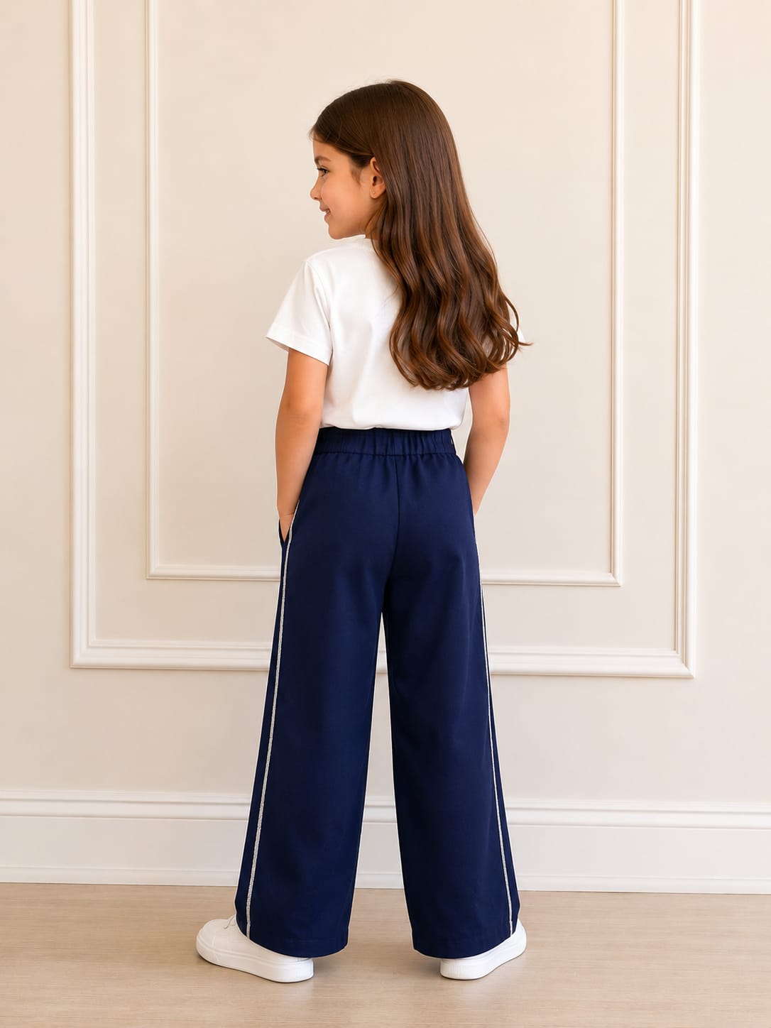Girls' High-Waisted Wide-Leg Navy Trousers with Shimmering Side Trim