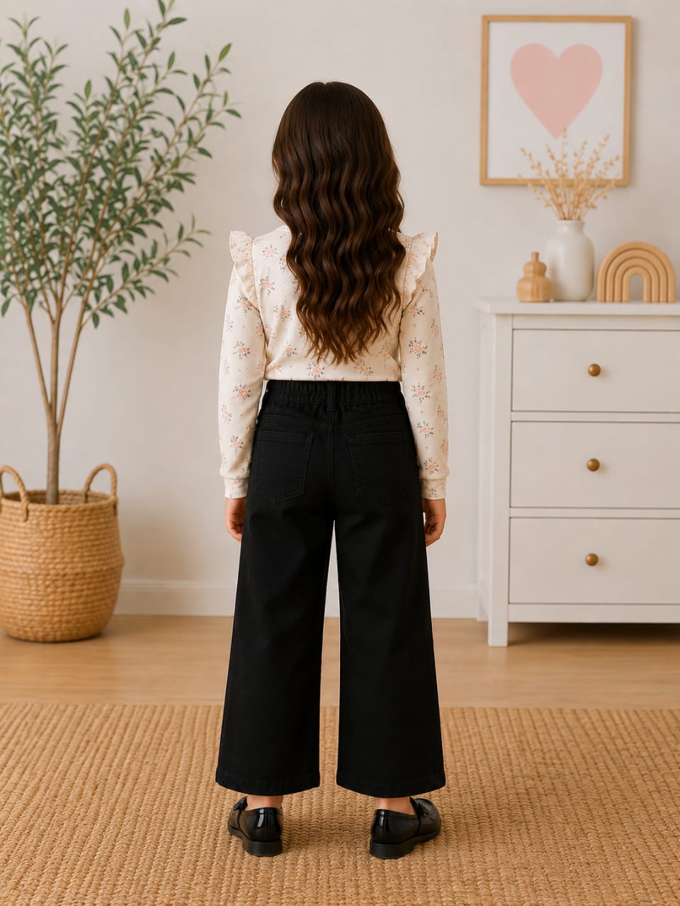 Girls' High-Waisted Wide-Leg Black Denim Jeans