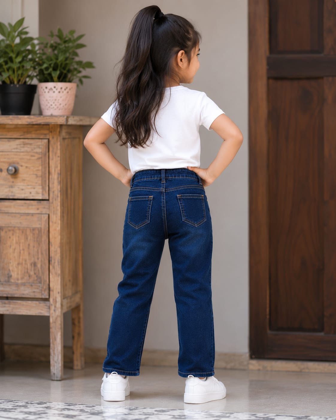 Girls' Dark Wash Straight-Leg Jeans with Cartoon Graphic Accents