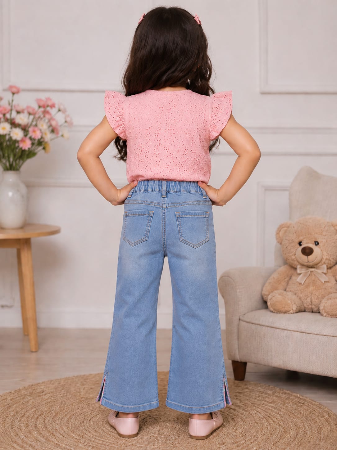 Girls' Light Wash Wide-Leg Jeans with Smiley Patches and Rainbow Slit