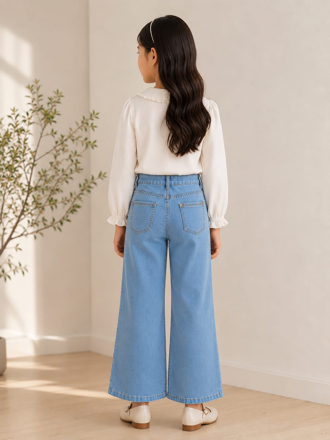 Girls' High-Waisted Wide-Leg Light Wash Jeans with Diamante Smiley Accent