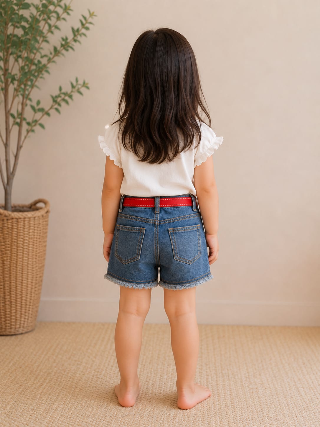Girls' Unicorn Embroidered Denim Shorts with Red Bow Belt