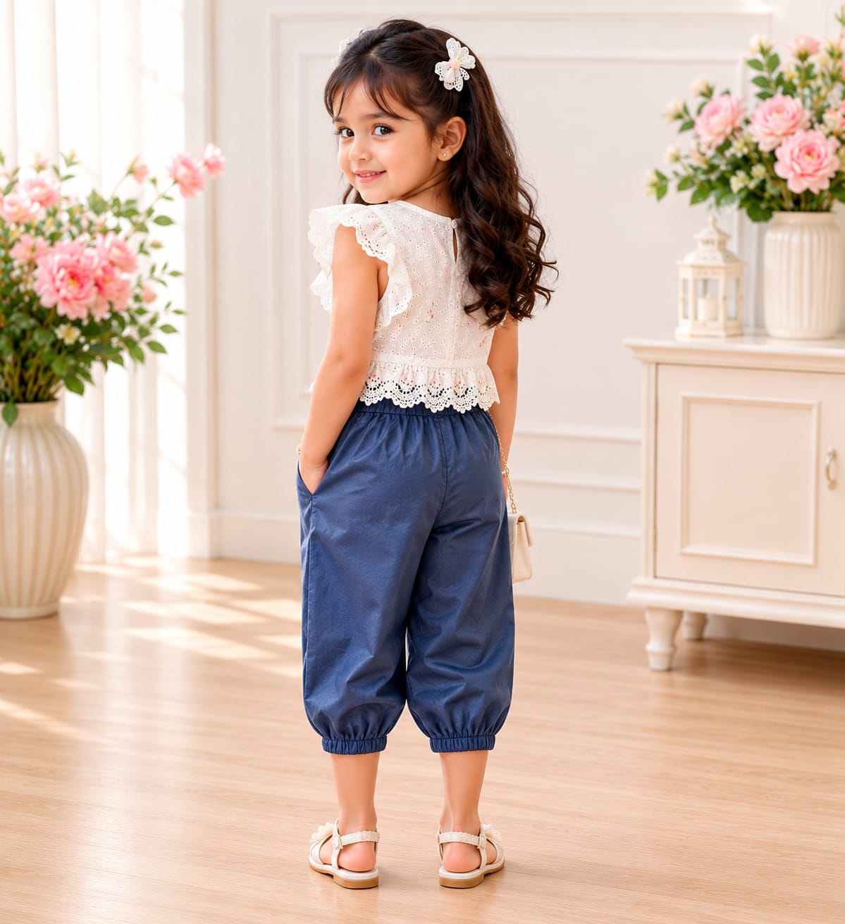 Girls' Lace-Waist Denim Capri Pants.