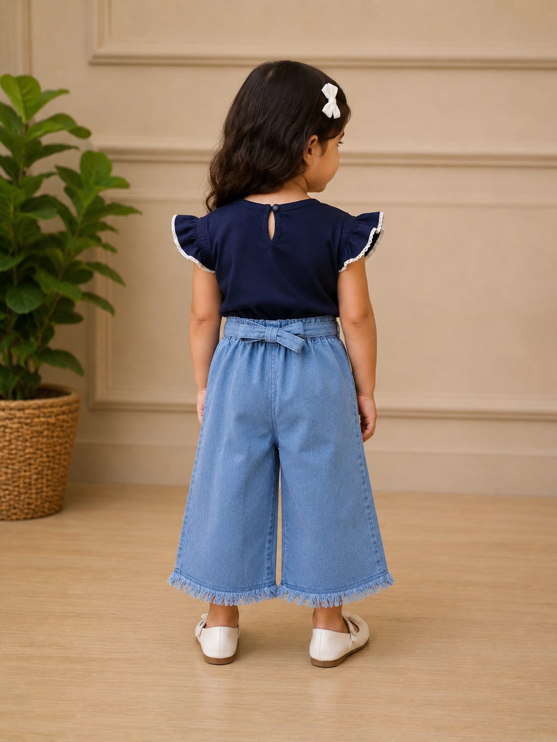 Girls Light Wash Wide-Leg Frayed Denim Culottes with Belt