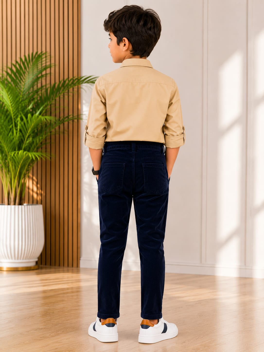 Boys Premium Navy Blue Slim Fit Velvet-Texture Jeans