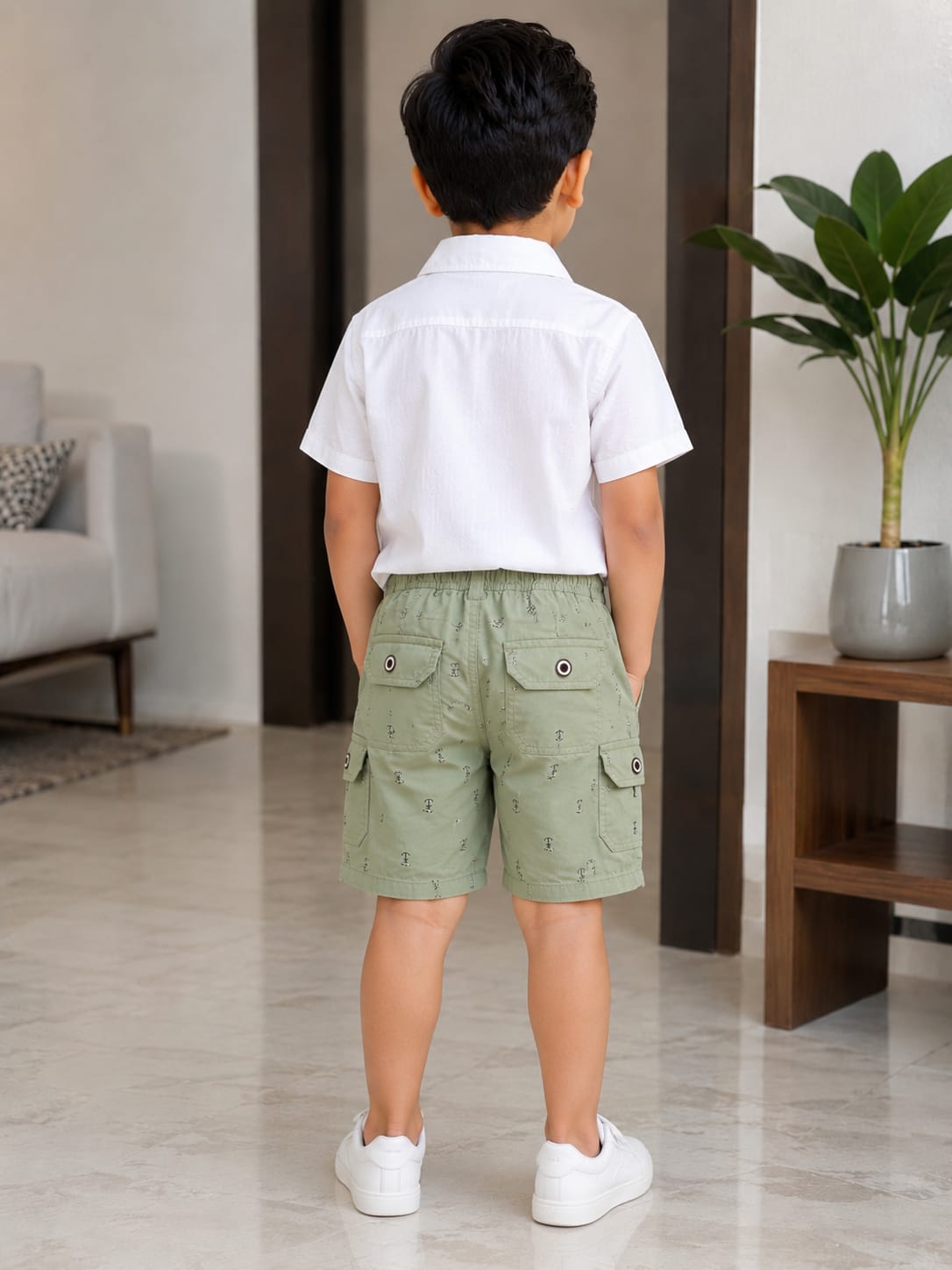 Boys Premium Sage Green Printed Cargo Shorts with Drawstring Waist