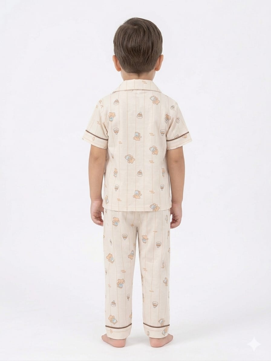 Charming Kids' Teddy Bear Print Nightwear Set – Cream & Brown