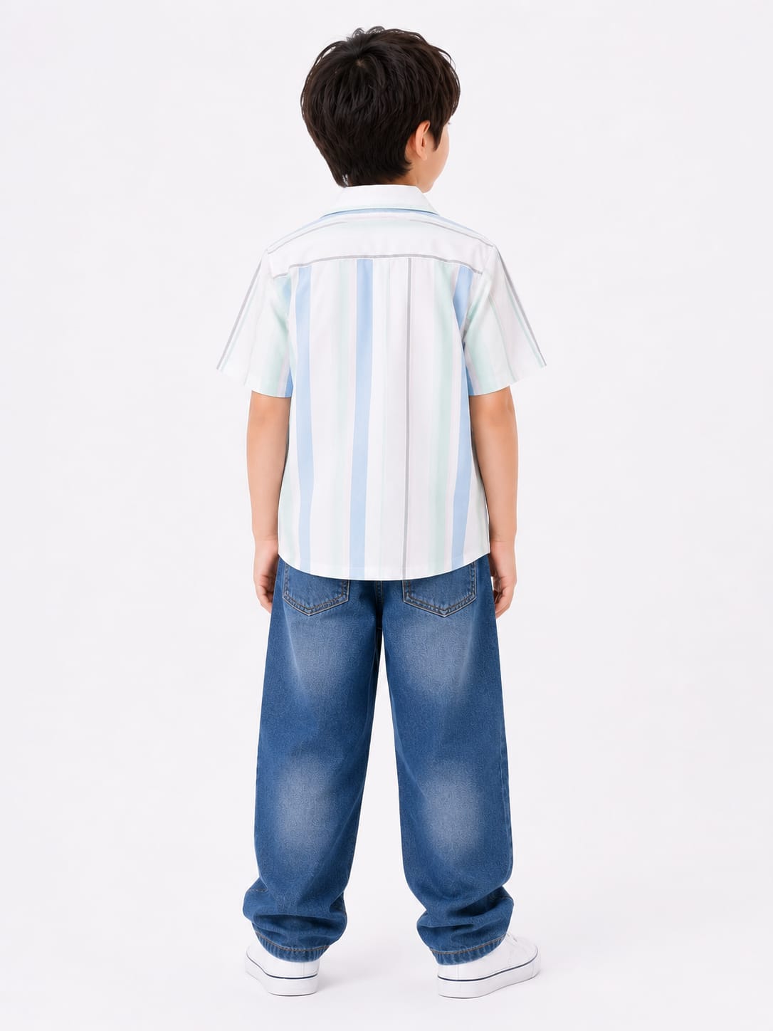 Boys' Pastel Vertical Striped Short-Sleeve Casual Shirt