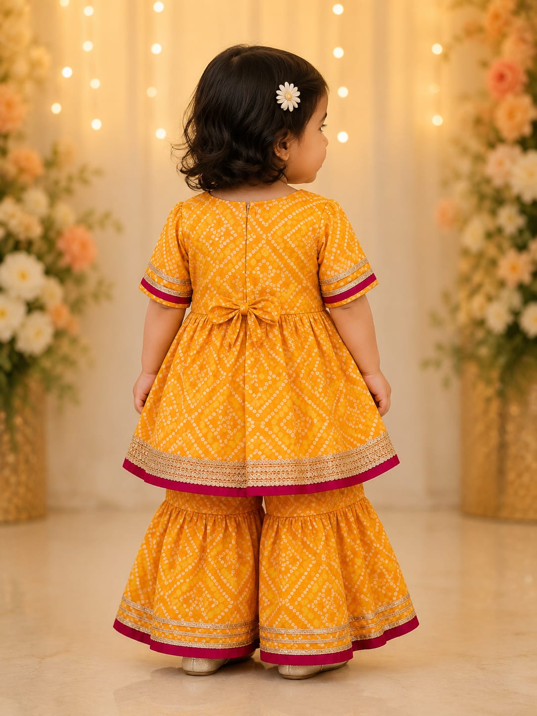 Toddler Girls' Mustard Yellow Bandhani Frock Kurti & Sharara Set