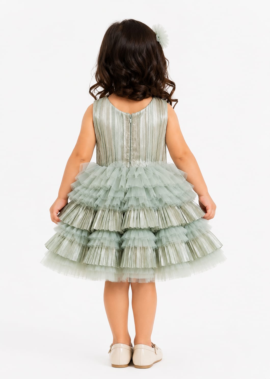 Girls Elegant Pista Green Metallic Ruffled Party Frock