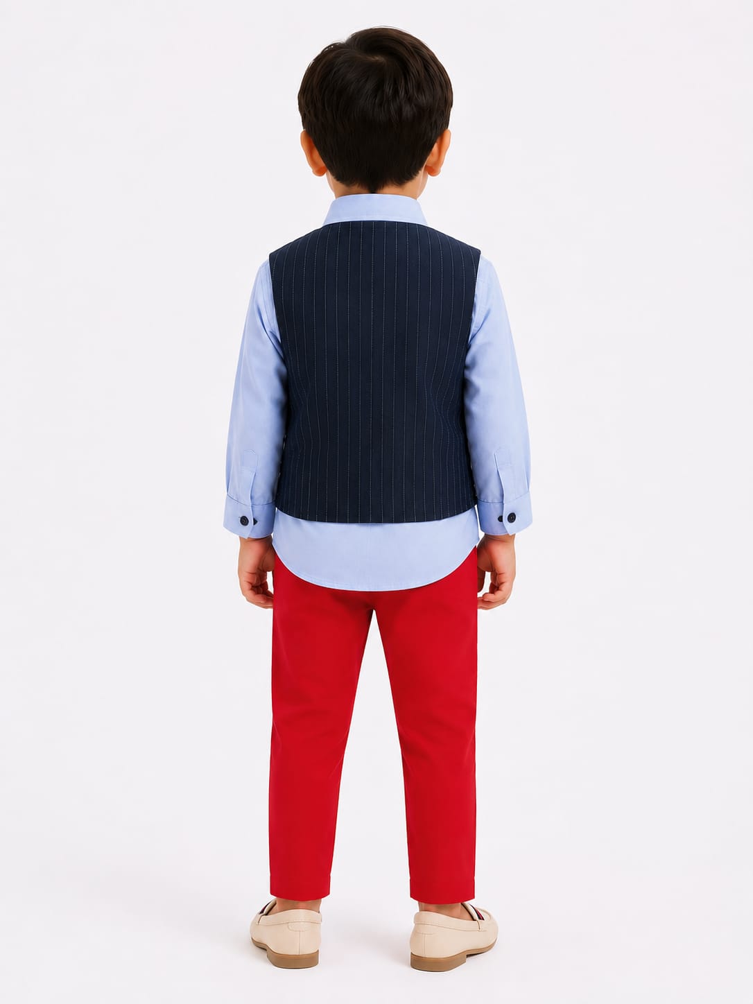 Boys Classic Pinstripe Waistcoat & Red Trousers 4-Piece Suit Set