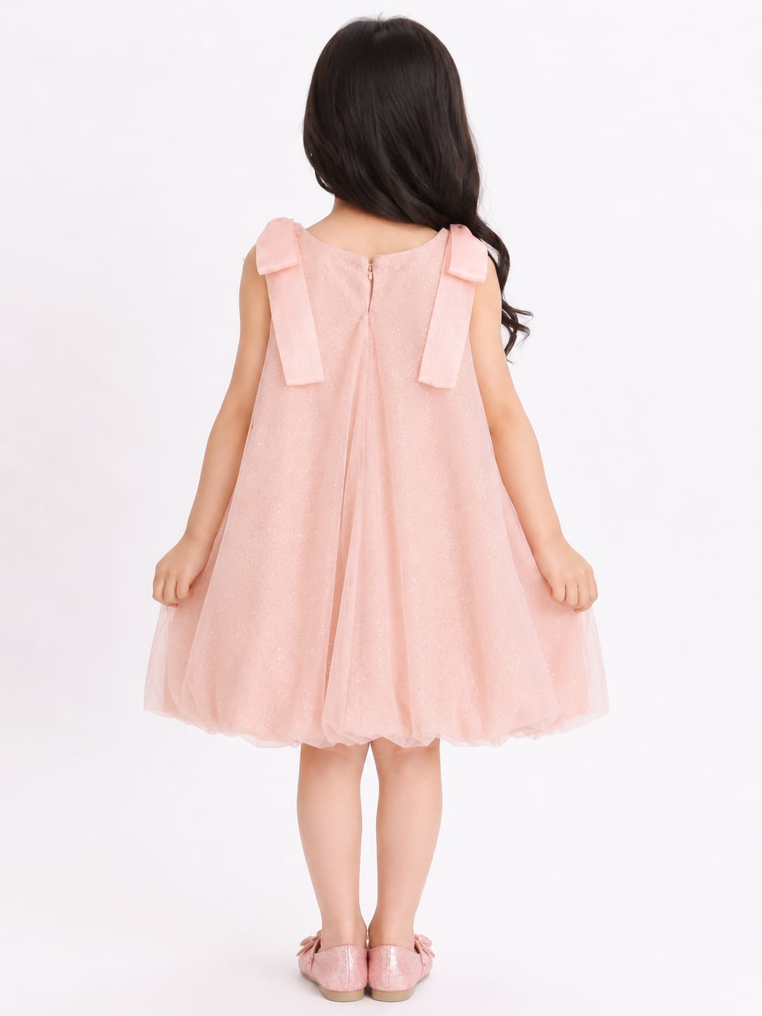 Girls' Shimmering Pastel Pink Tulle A-Line Dress with Shoulder Bow Accents