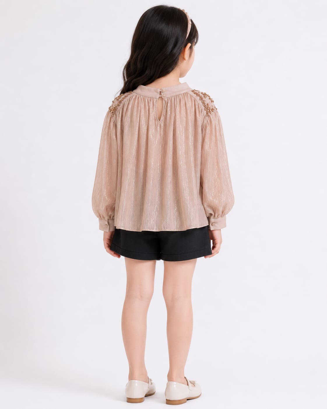 Girls' Shimmering Metallic Blouse with Embellished Shoulders