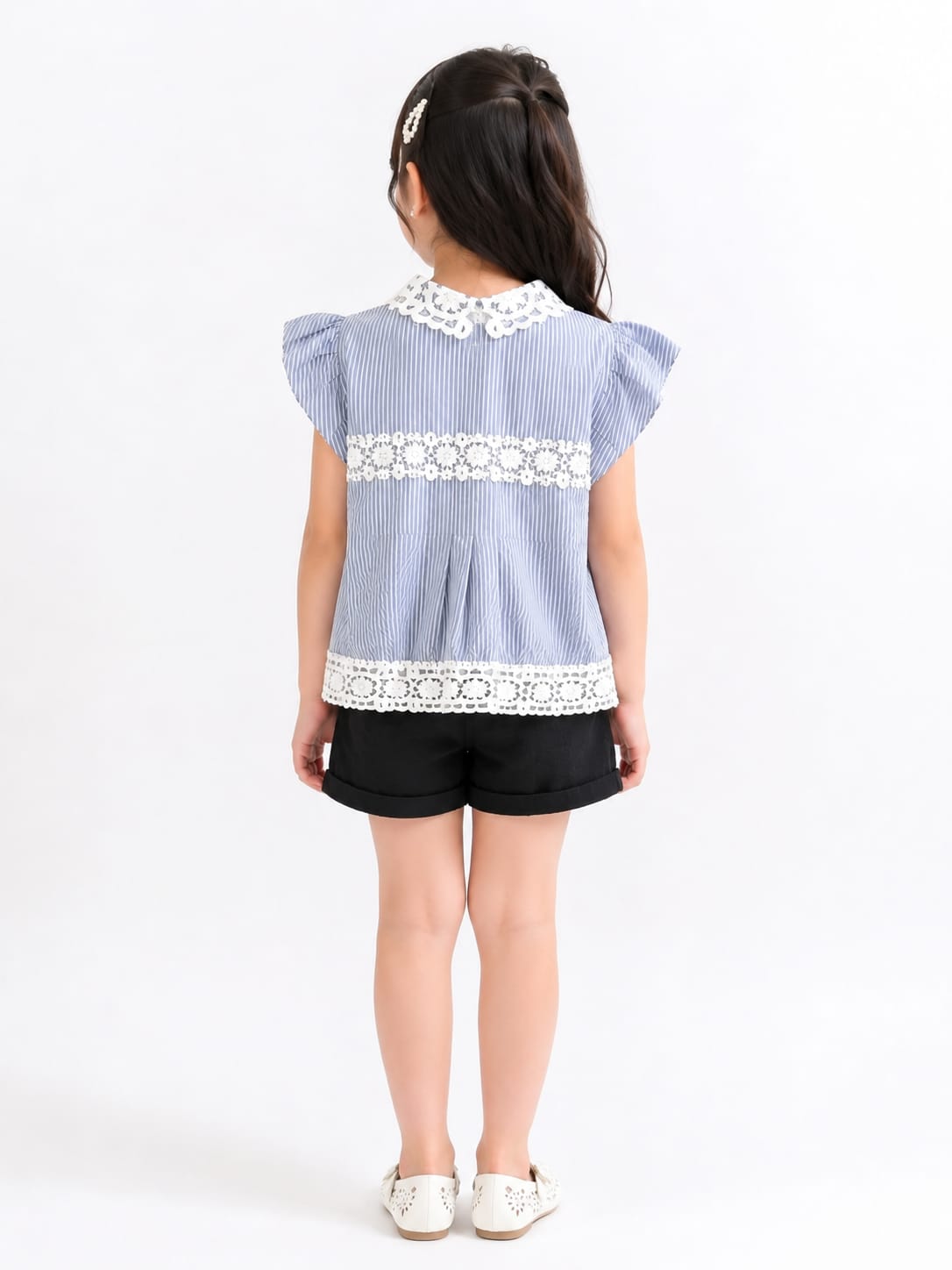 Girls' Striped Flutter-Sleeve Blouse with Crochet Lace Accents
