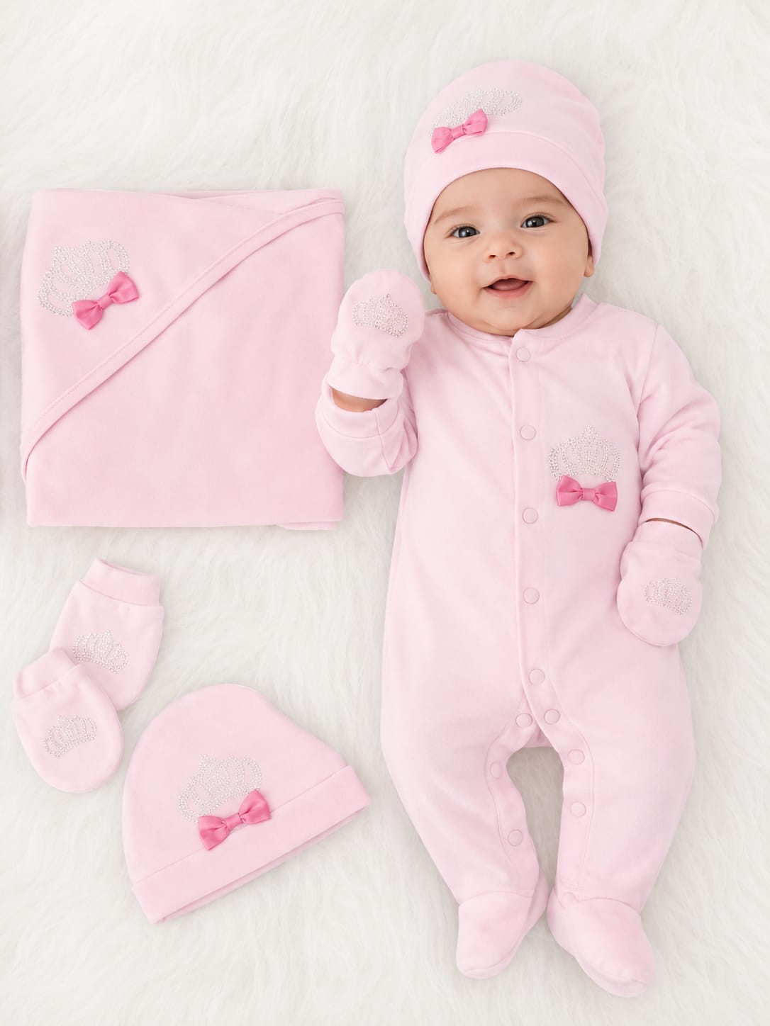 Elegant Pink Crown & Bow Baby Gift Set