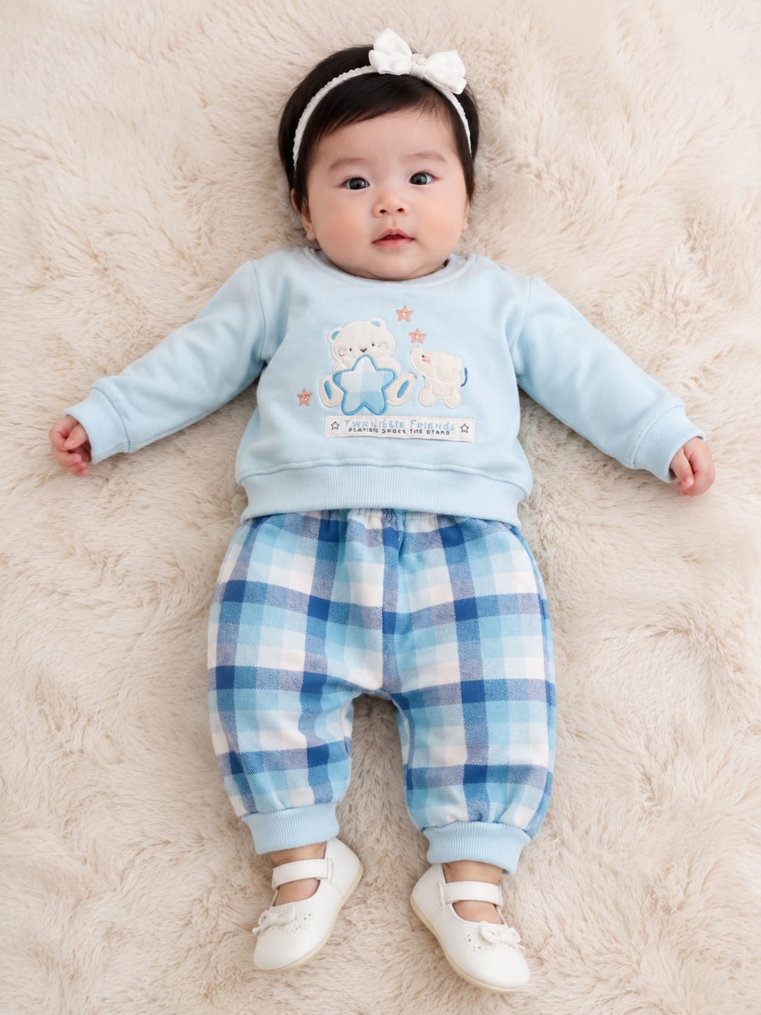 Infants "Two Little Friends" Plush Fleece Sweatshirt & Blue Plaid Joggers Set