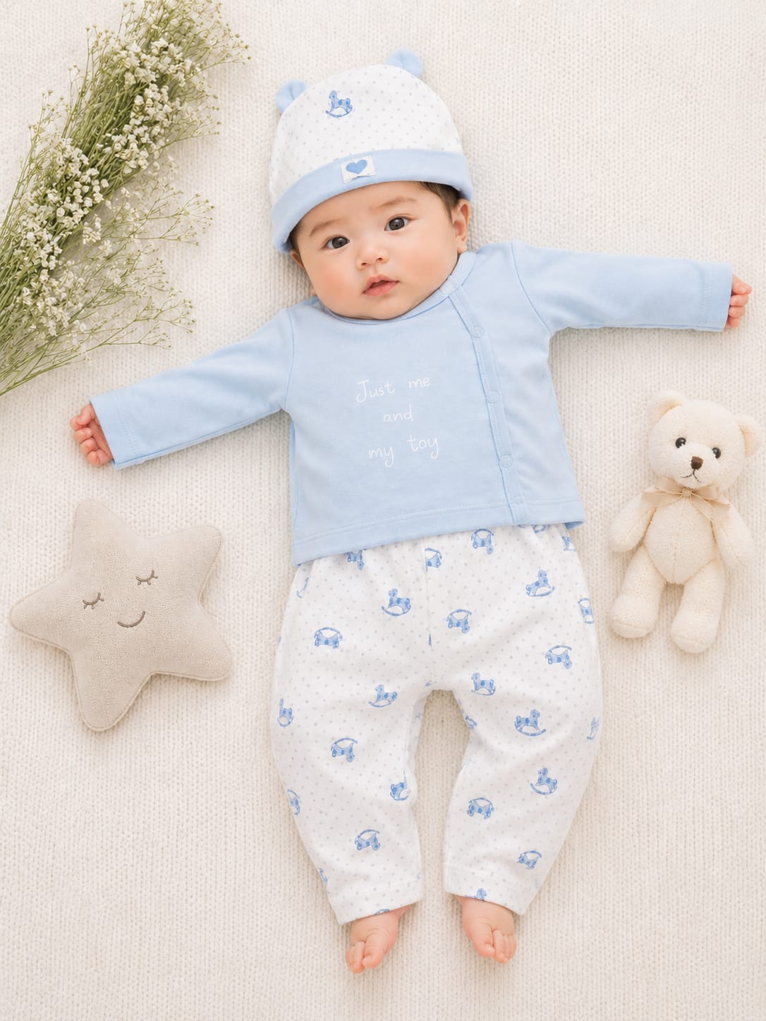 Infants 3-Piece "Just Me and My Toy" Kimono Side-Snap Top, Pants & Beanie Set