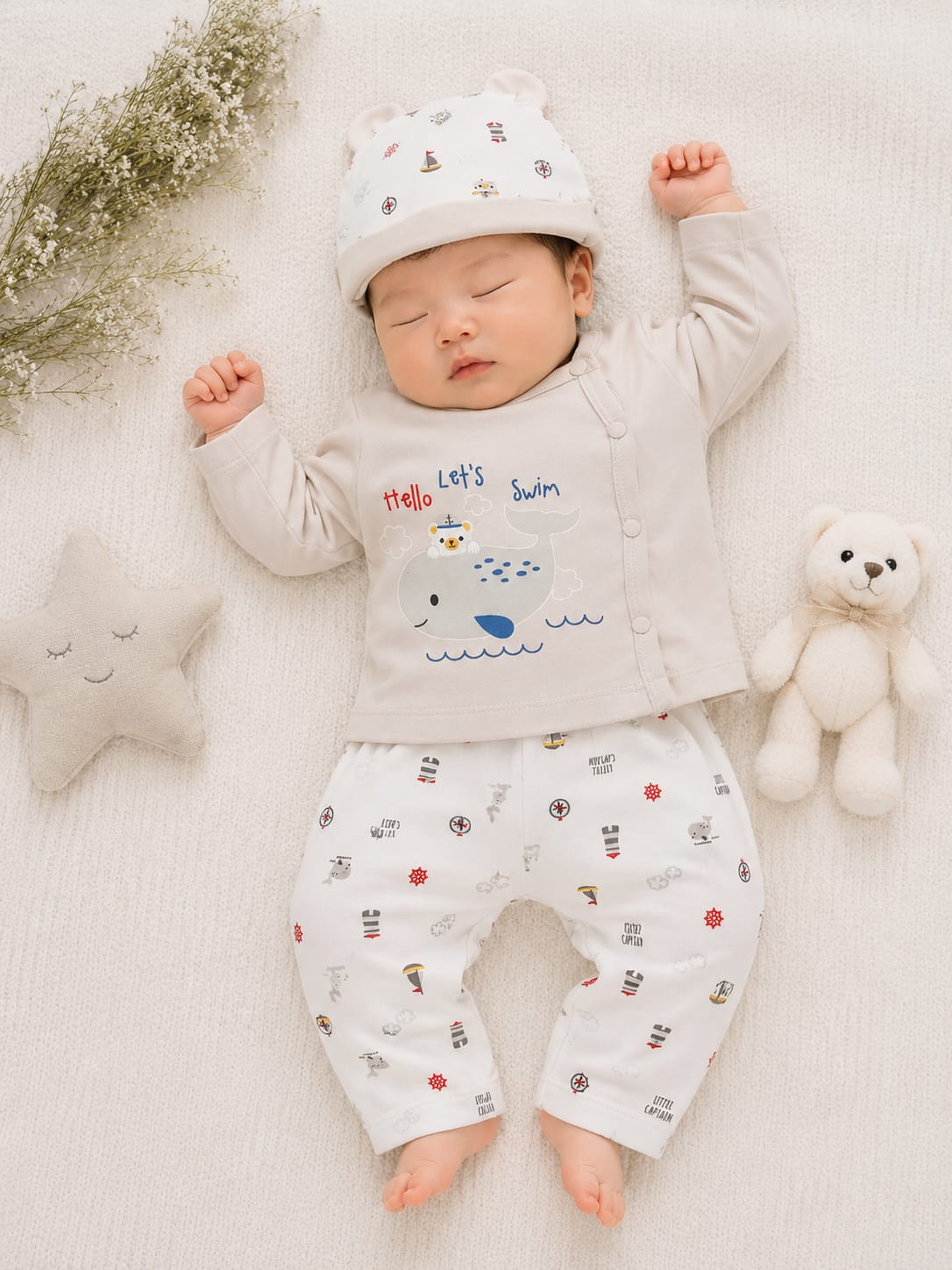 Infants 3-Piece "Hello Let's Swim" Kimono Side-Snap Top, Nautical Pants & Beanie Set