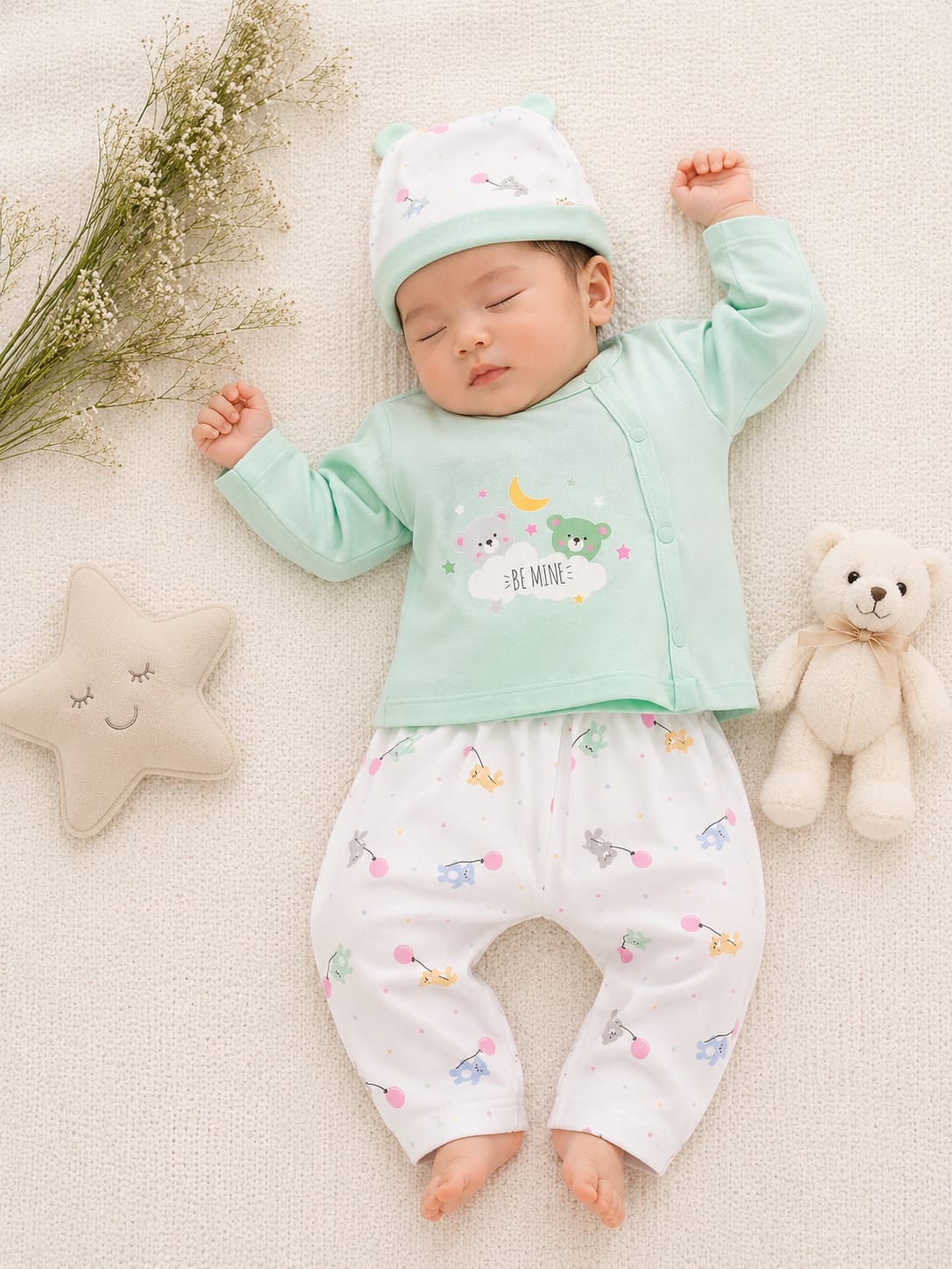 Infants 3-Piece "BE MINE" Kimono Side-Snap Top, Printed Pants & Beanie Set