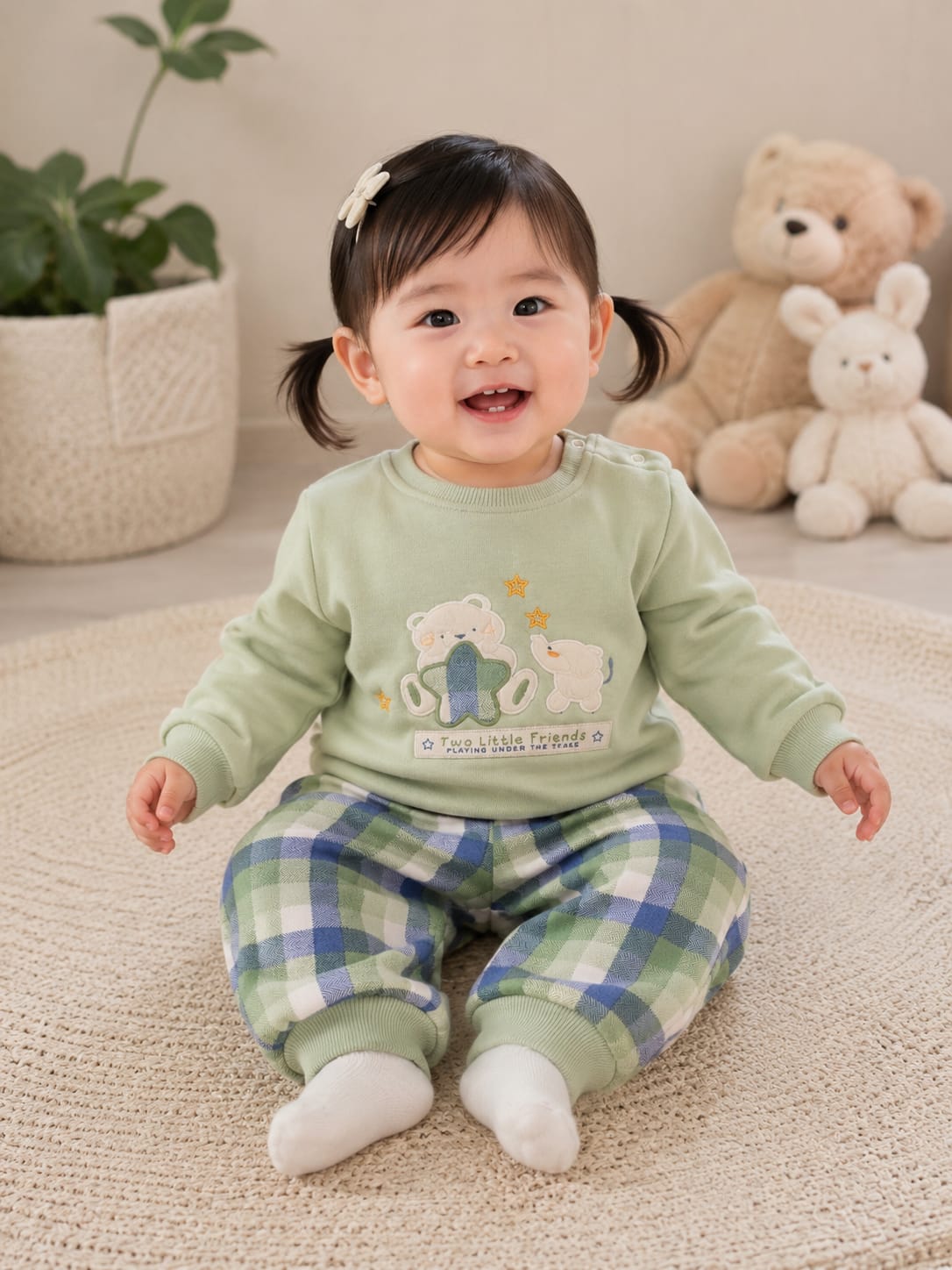 Infants "Two Little Friends" Plush Sweatshirt & Plaid Joggers Set