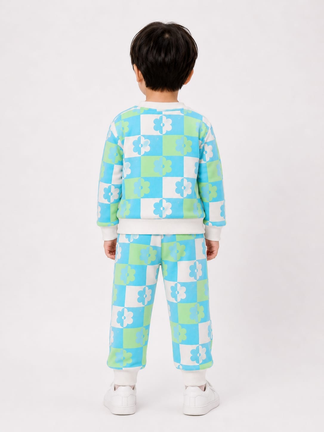 Kids' Blue & Green Checkered Floral Sweatshirt & Jogger Set