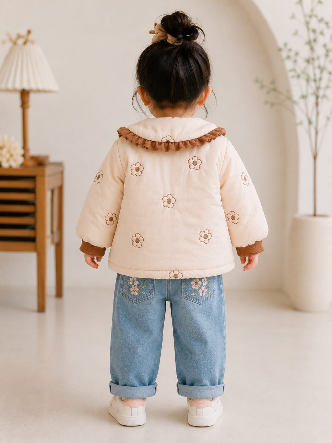 Vintage Cream Floral Quilted Jacket with Ruffled Collar.