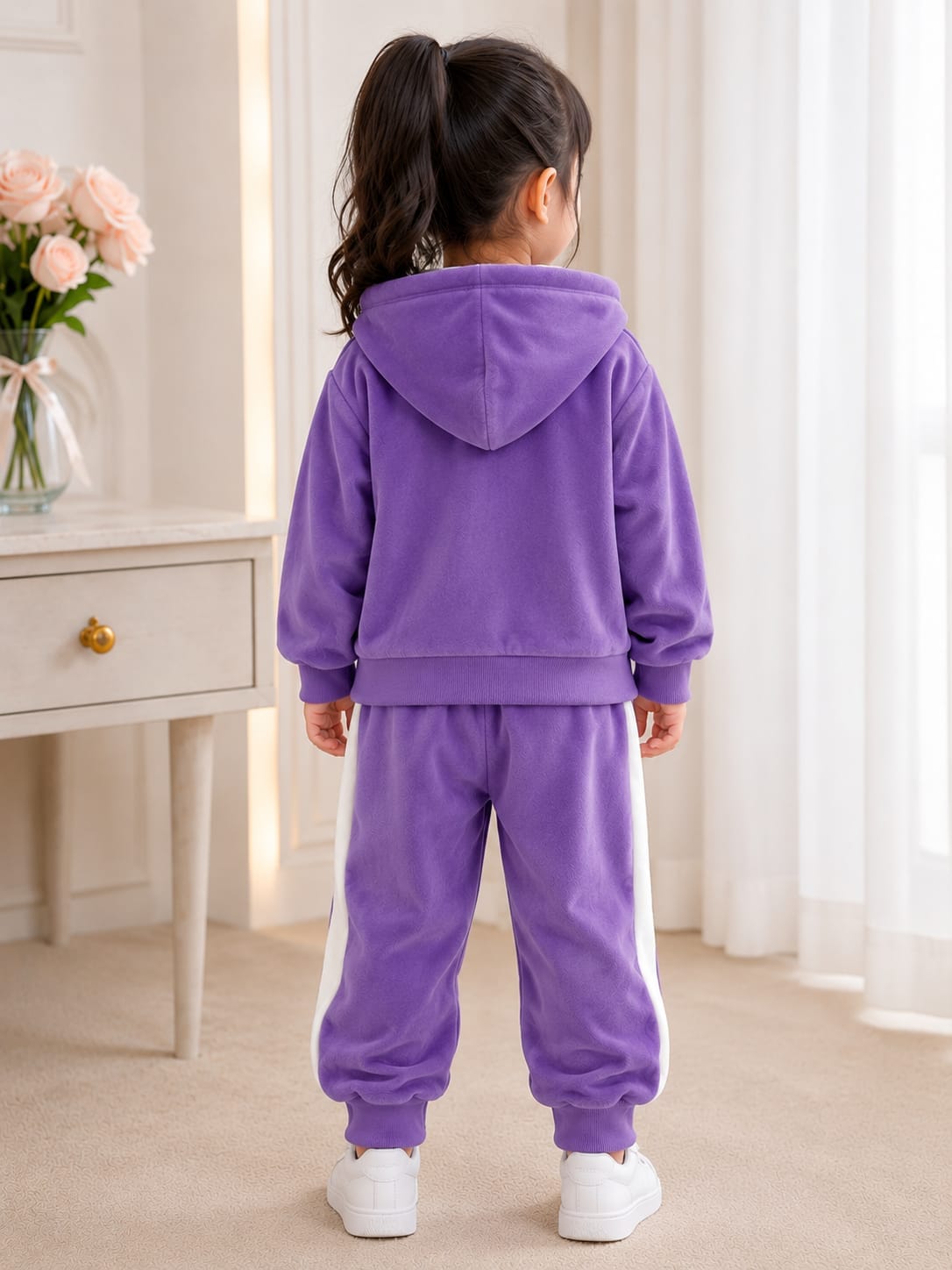 Playful 3-Piece Purple Velour Hooded Tracksuit Set for Girls