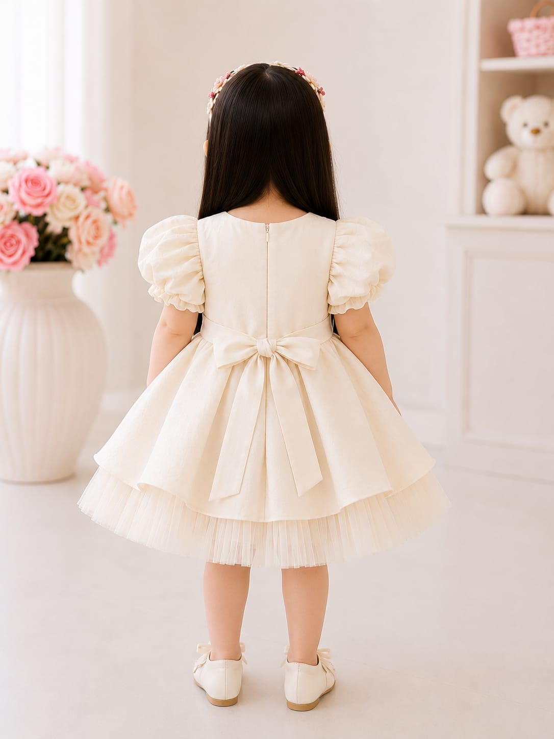 Ivory Floral Embroidered Puff-Sleeve Party Dress