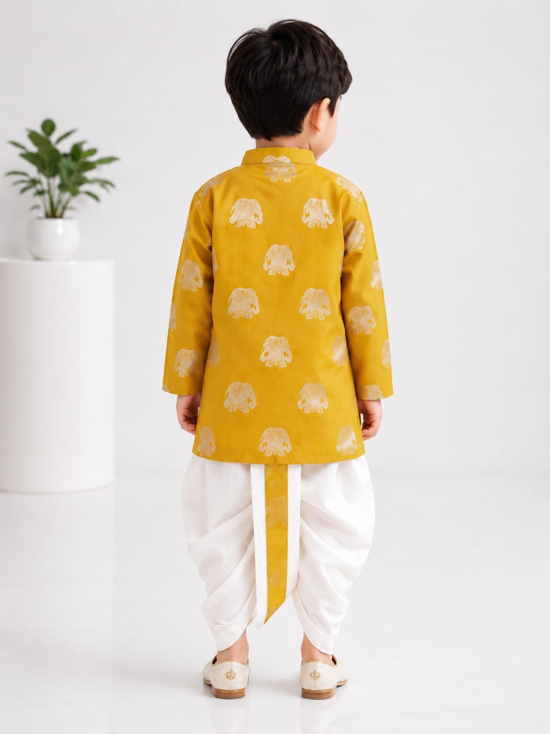 Boys' Mustard Yellow Elephant Foil Print Kurta & Dhoti Set.