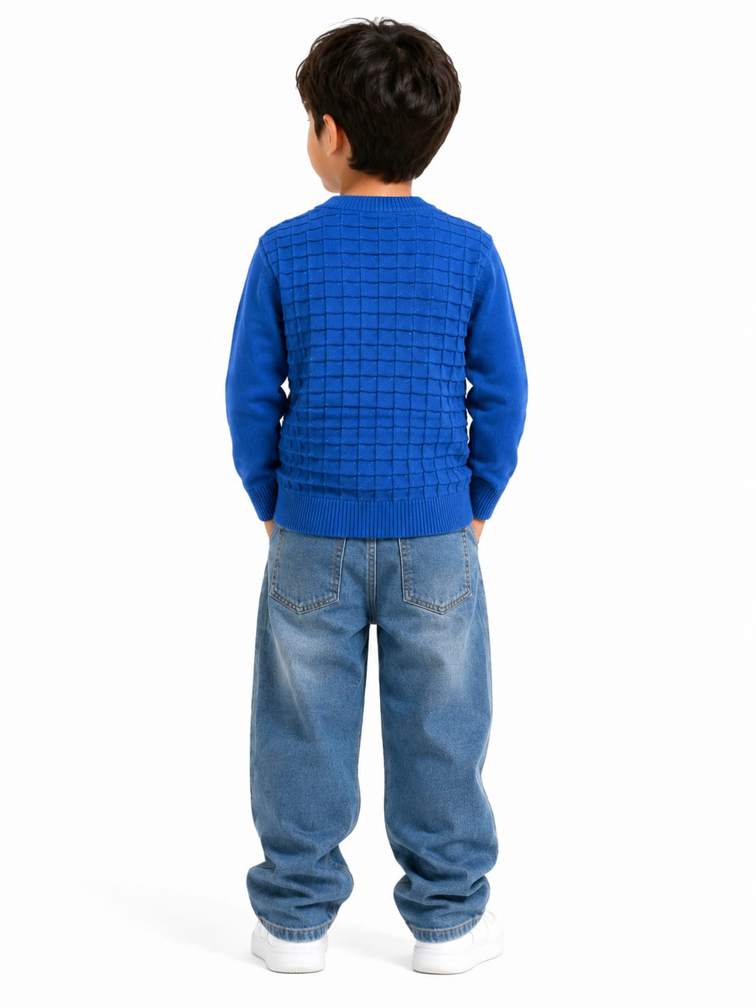 Boys' Royal Blue Textured Grid Knit Pullover Sweater.