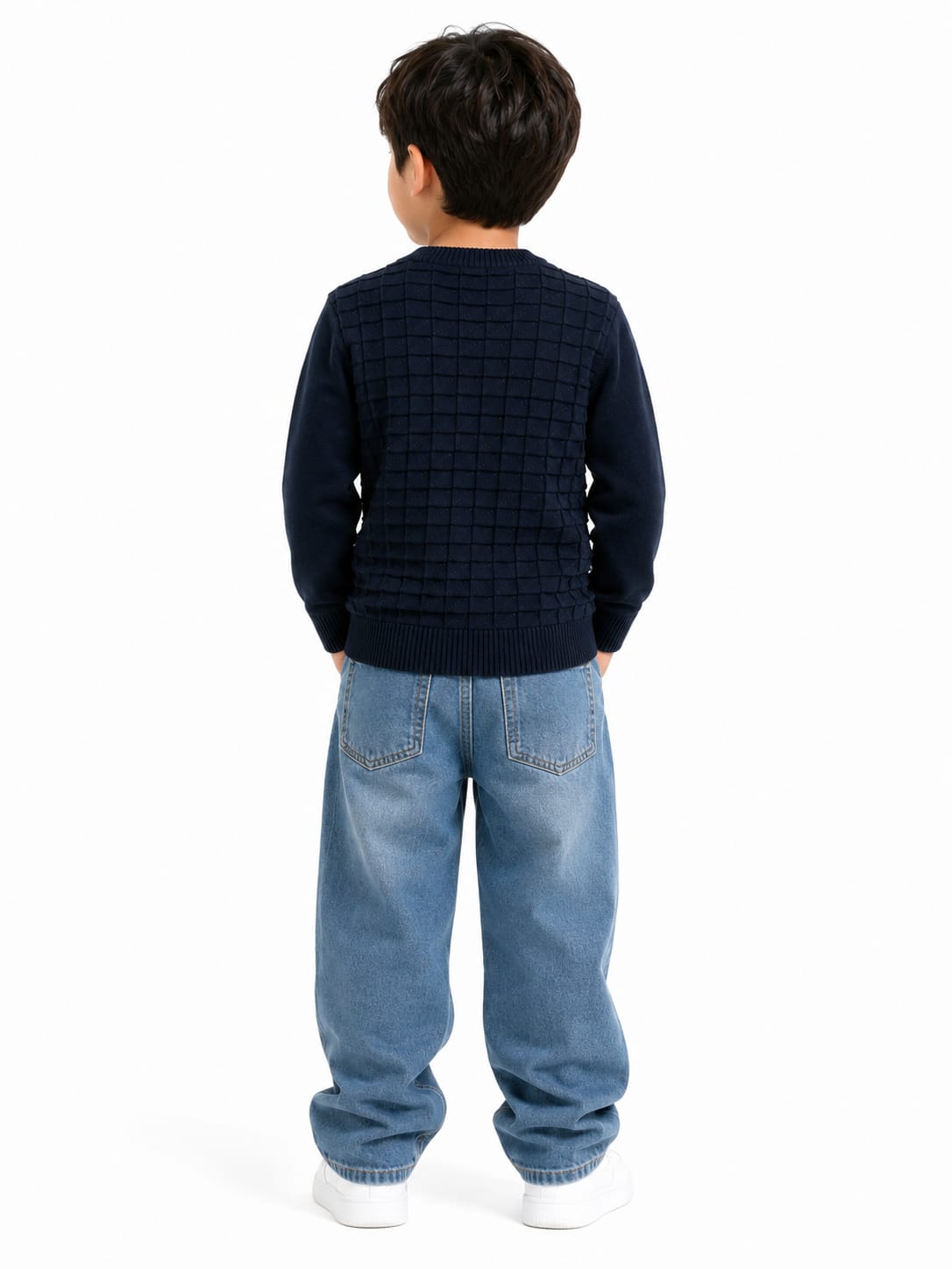 Boys' Navy Blue Textured Grid Knit Pullover Sweater.