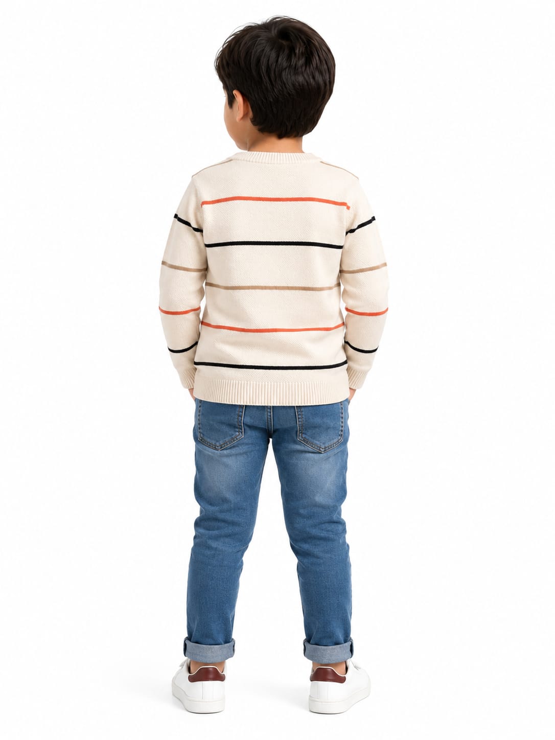 Boys' Cream Multi-Striped Knit Pullover Sweater.