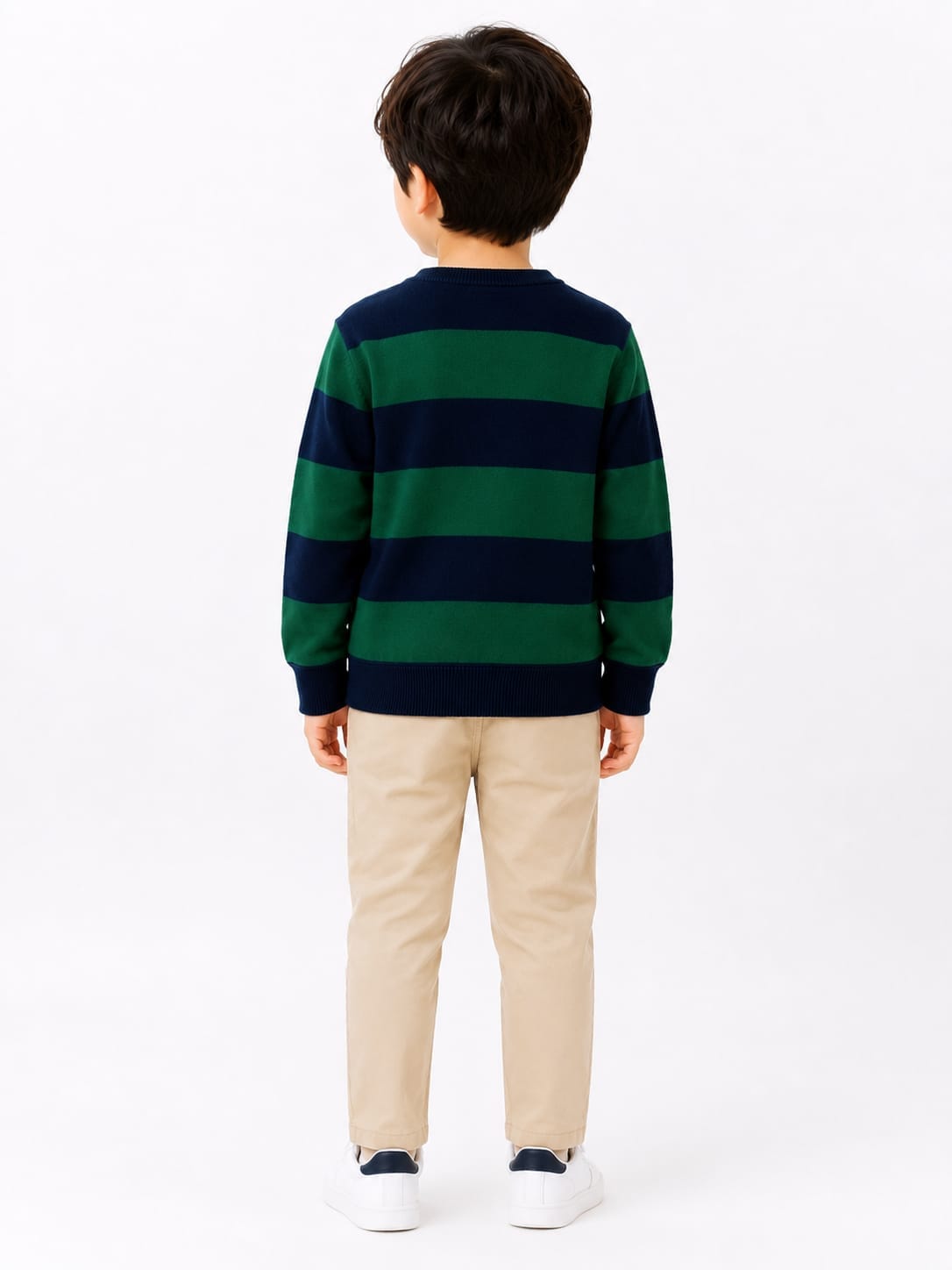 Boys' Green & Navy Striped Cotton Knit Pullover Sweater.