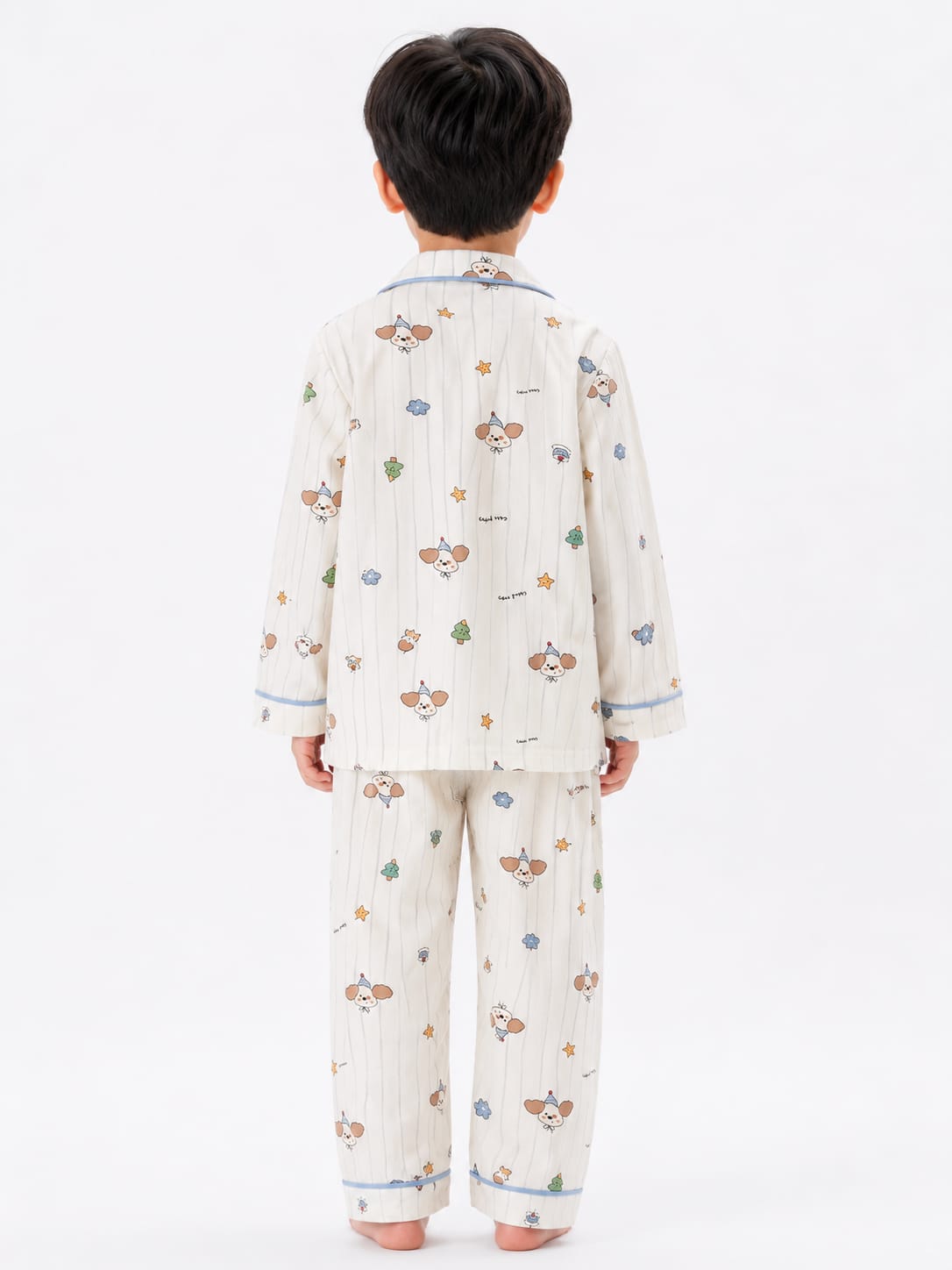 Boys' Off-White Striped Party Dog Printed Pyjama Nightwear Set