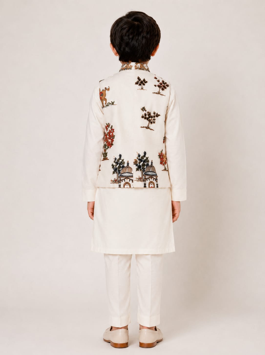 Boys' Printed Nehru Jacket with Kurta & Pyjama Set.