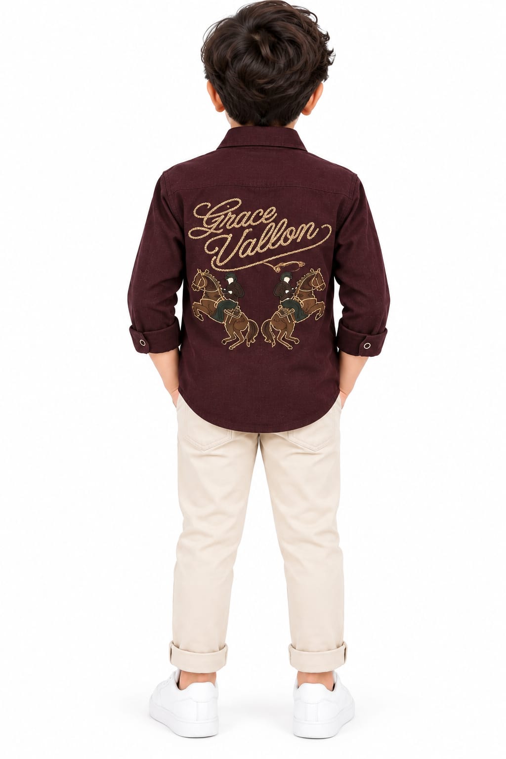 Boys' Maroon Embroidered Horse Graphic Casual Shirt.