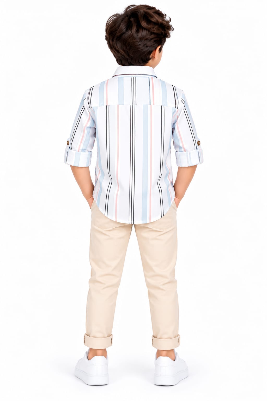 Boys' Light Blue & Pink Vertical Striped Crest Casual Shirt.