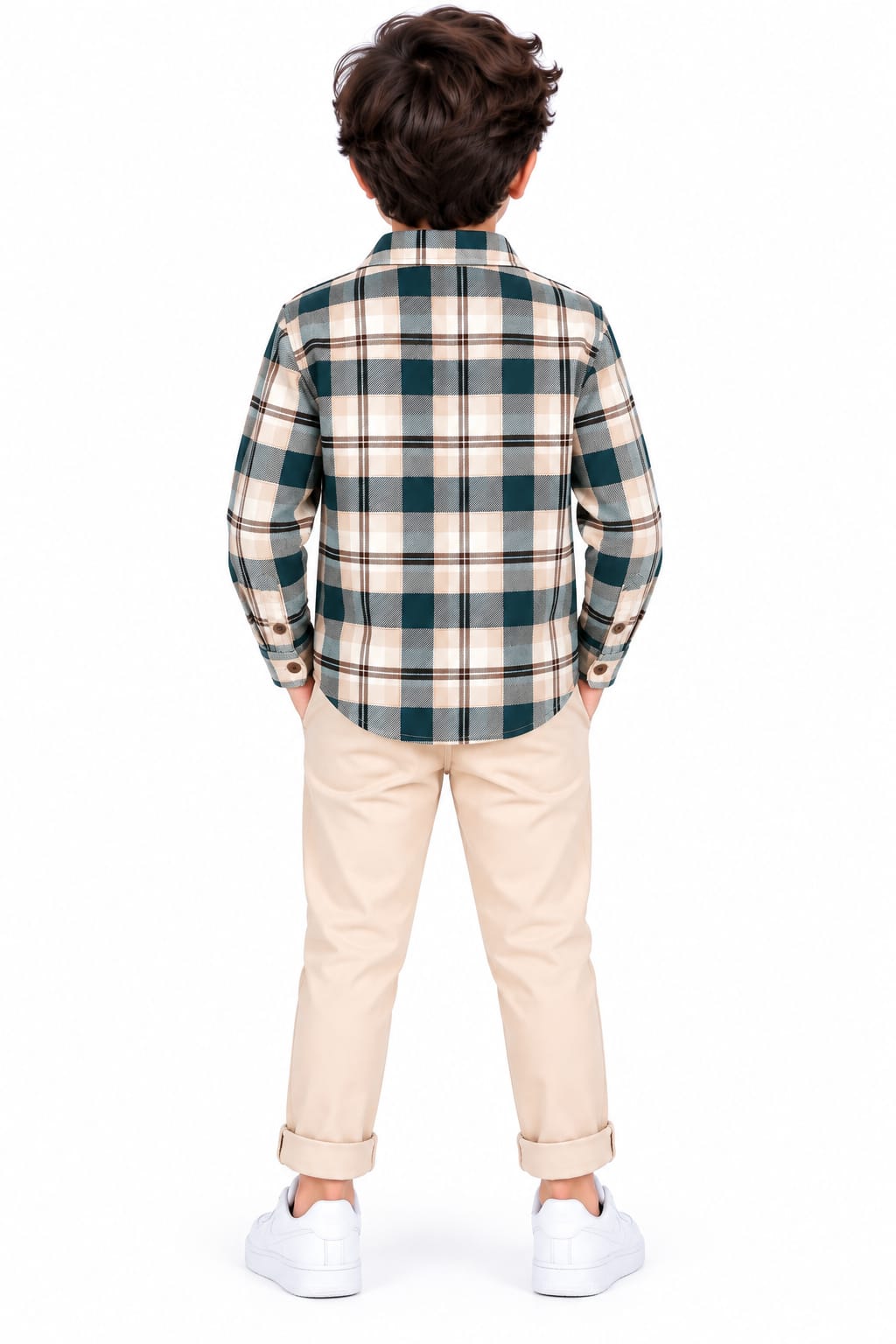 Boys' Beige & Teal Plaid Checked Roll-Up Casual Overshirt.