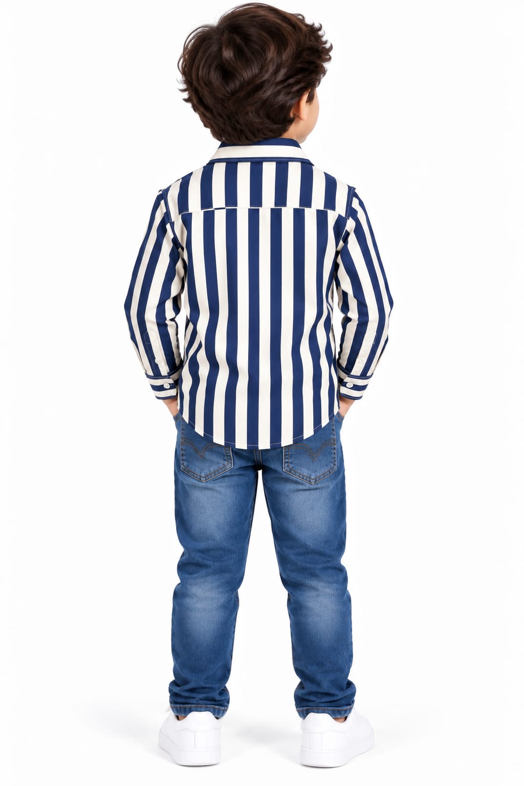Boys' Navy & Cream Bold Vertical Striped Casual Shirt.