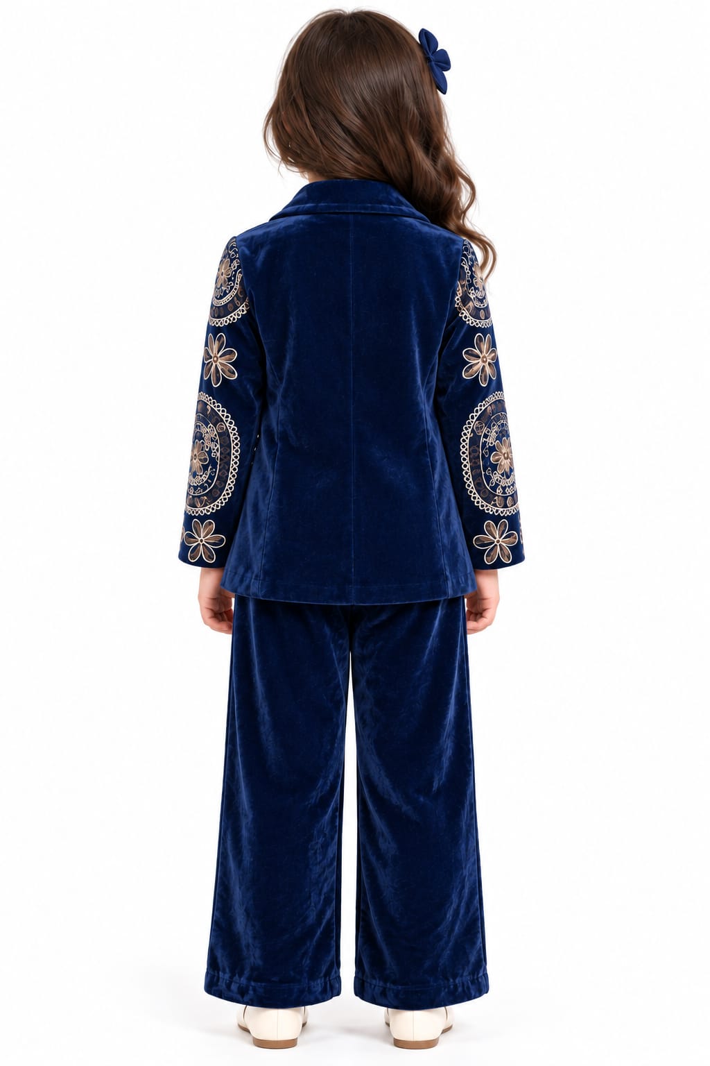Girls' Navy Blue Velvet Printed 3-Piece Indo-Western Blazer & Palazzo Set.