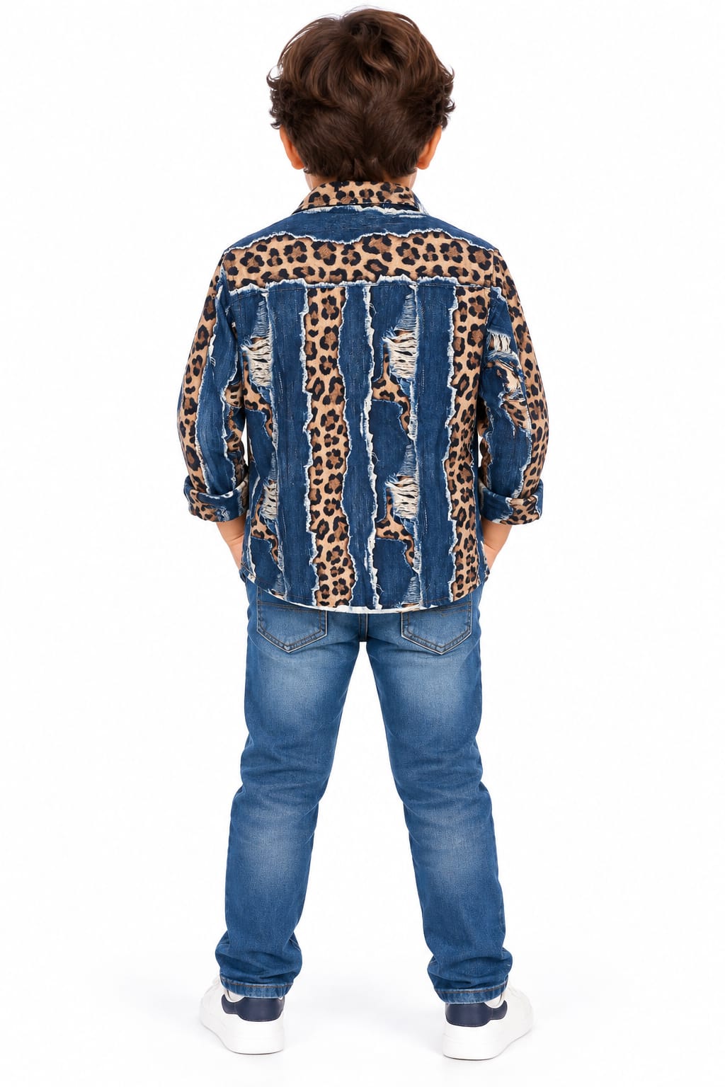 Boys' Denim & Leopard Print Distressed Shirt with White T-Shirt Set.