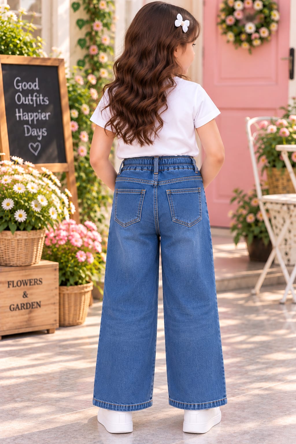 Girls' Medium-Wash Wide-Leg Floral Embellished Jeans.