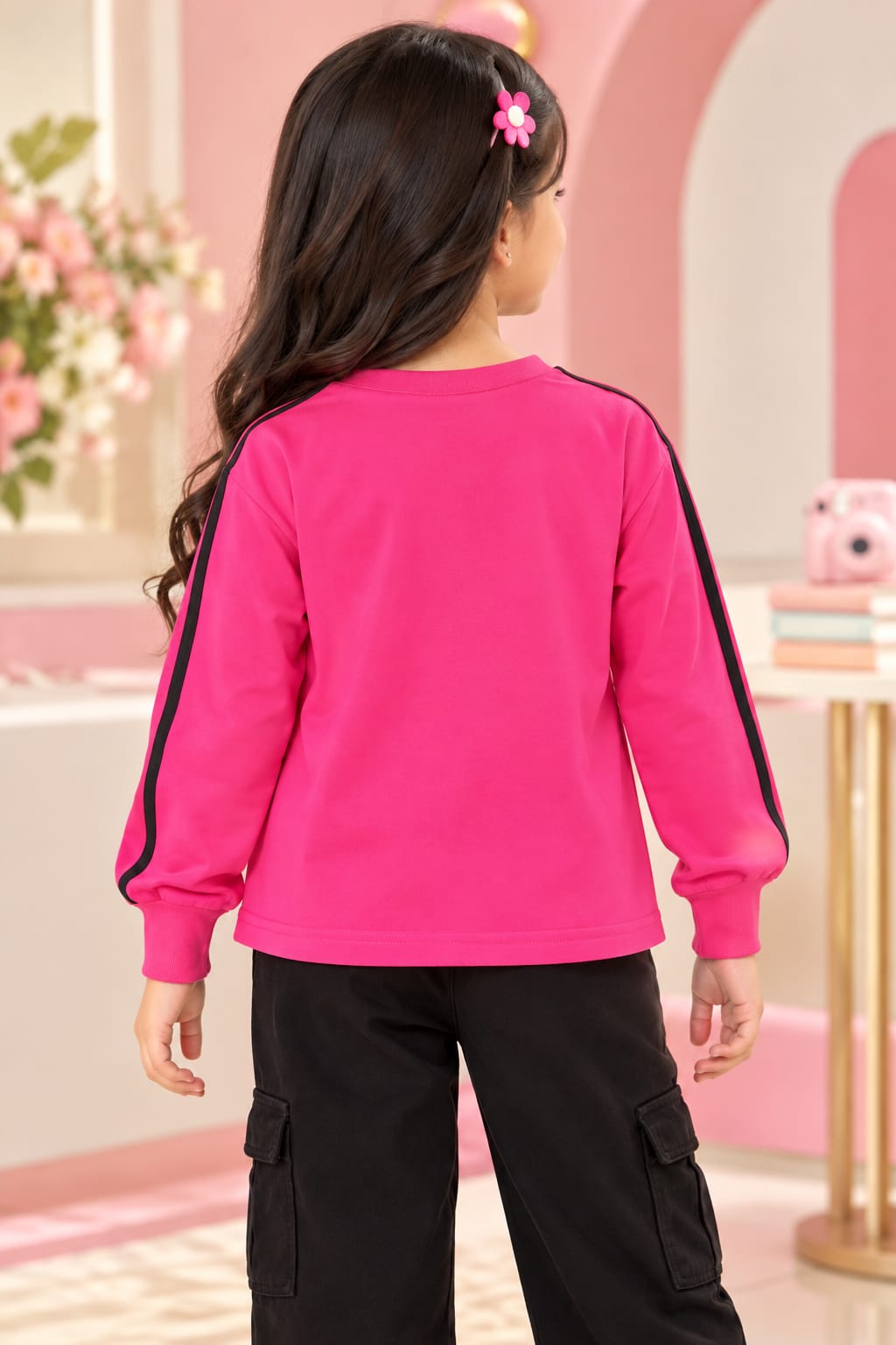 Girls' Bright Pink Sequined Graphic Sweatshirt T-Shirt.