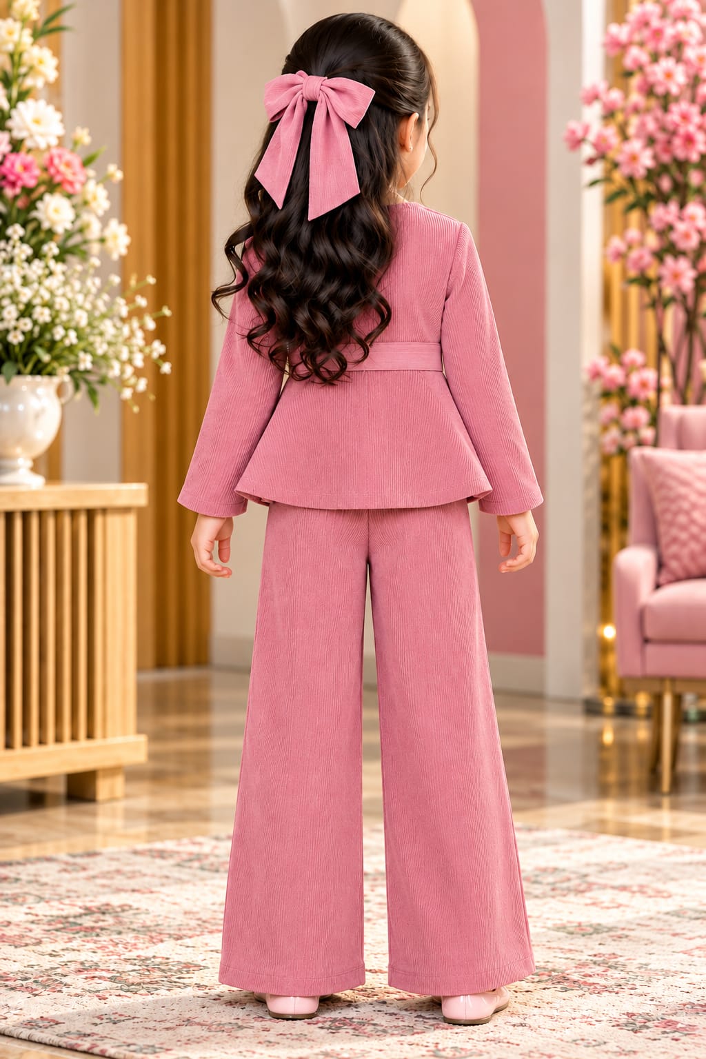 Girls' Dusty Pink Ribbed Corduroy Top and Wide-Leg Palazzo Pants Set.