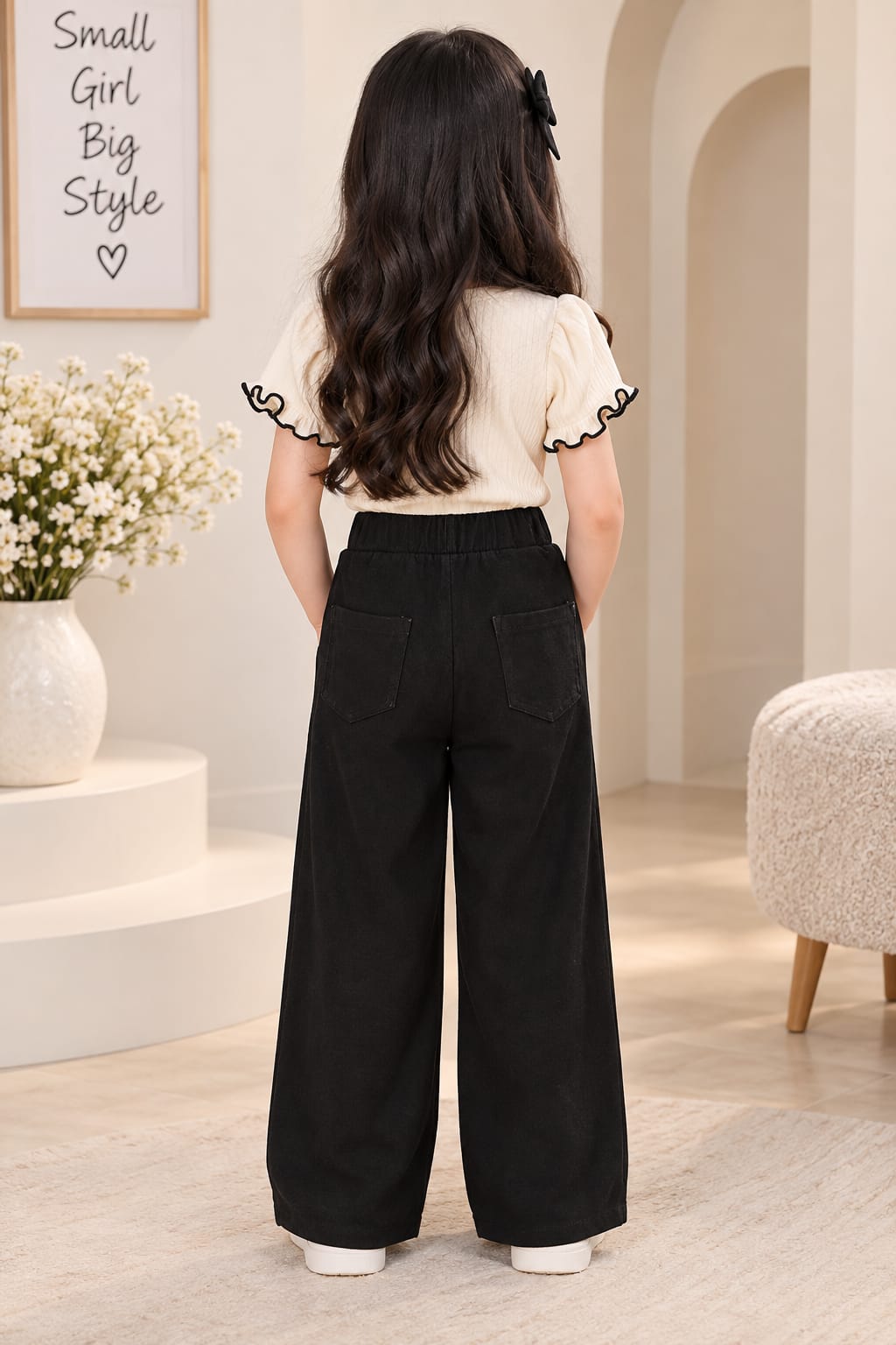 Girls' Black Rhinestone-Embellished Wide-Leg Trousers.