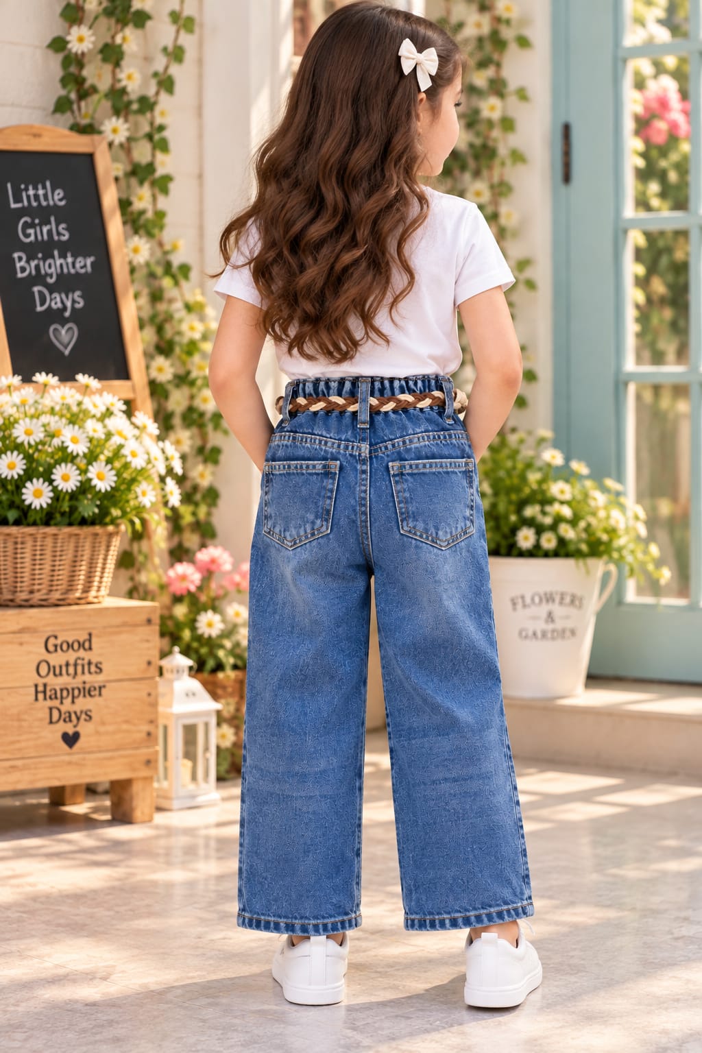 Girls' Medium-Wash Distressed Wide-Leg Belted Jeans.